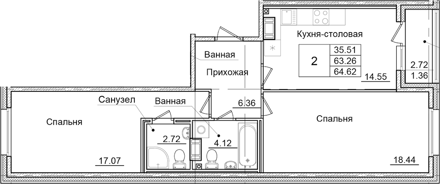 2-комнатная квартира 64.62 м², 8/9 эт., ЖК «Квартал Заречье»